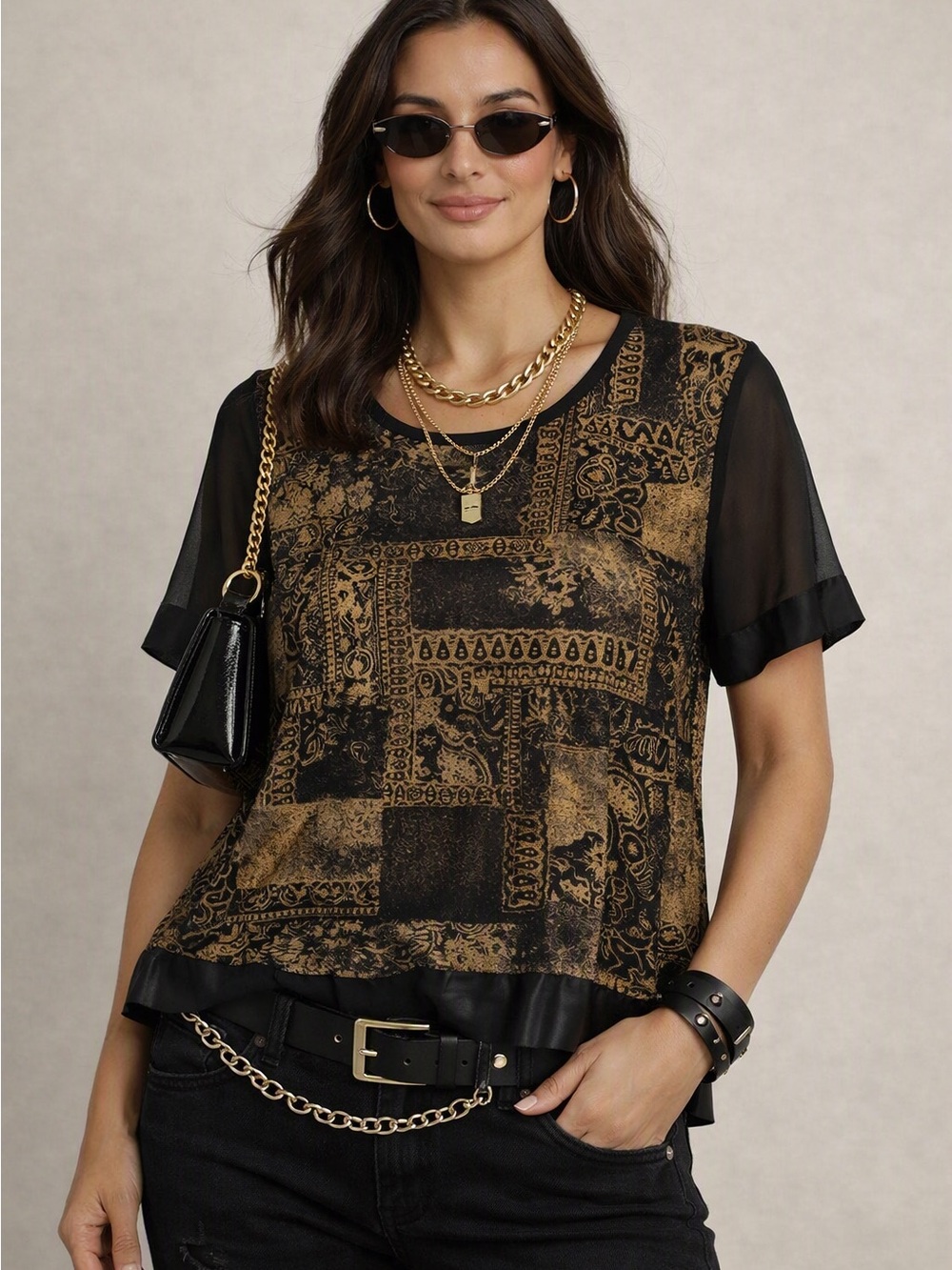 Black & Gold Patterned Short Sleeve Women's Top